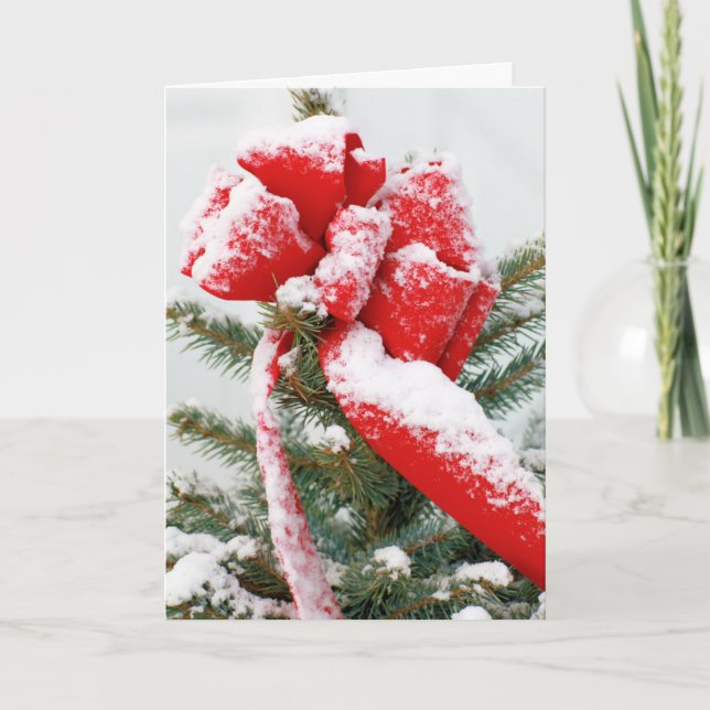 Helgdag Snö Red Bow Spruce Träd Top Helgkort (Framsida)
