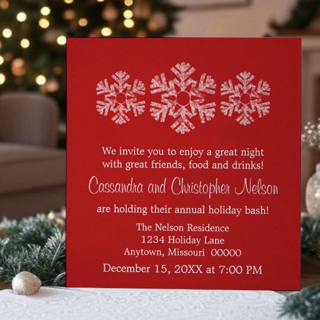 Helgdag Snöflingor jul, Party, Röd Inbjudningar (Red Holiday Snowflakes Christmas Party Invitation)