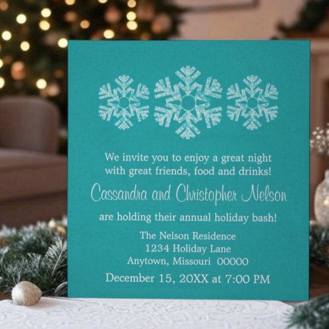 Helgdag Snöflingor jul Party, Teal Inbjudningar (Teal Holiday Snowflakes Christmas Party Invitation)