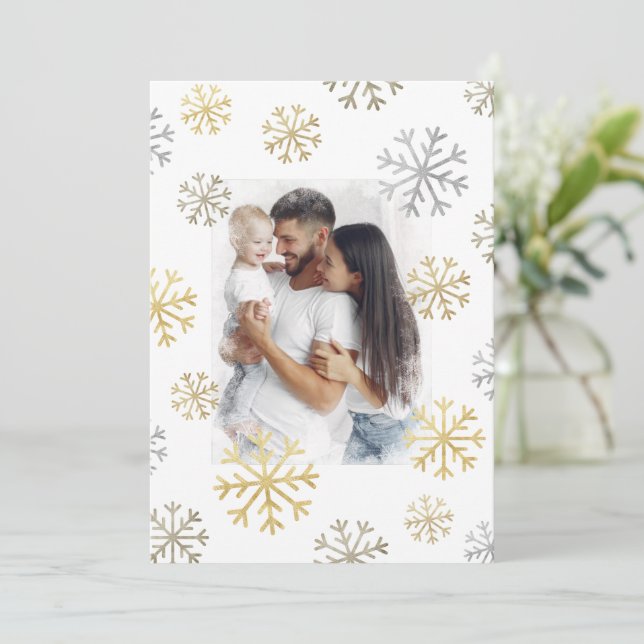 Helgdag snöflingor Photo Guld Silver Snö Julkort (Stående Fram)