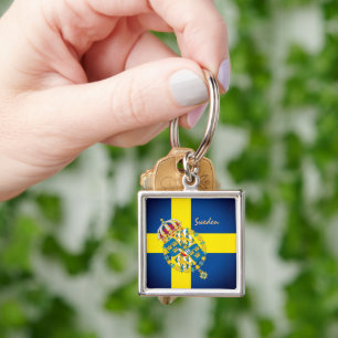 Helgdag/sport för flagga, emblem och Sverige Fyrkantig Silverfärgad Nyckelring