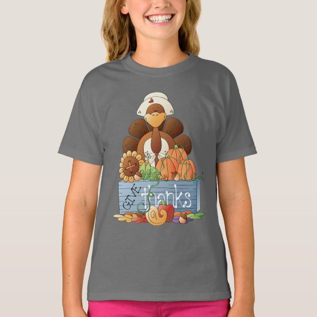 Helgdag t-shirt för Thanksgiving i Flicka i Turkie (Framsida)