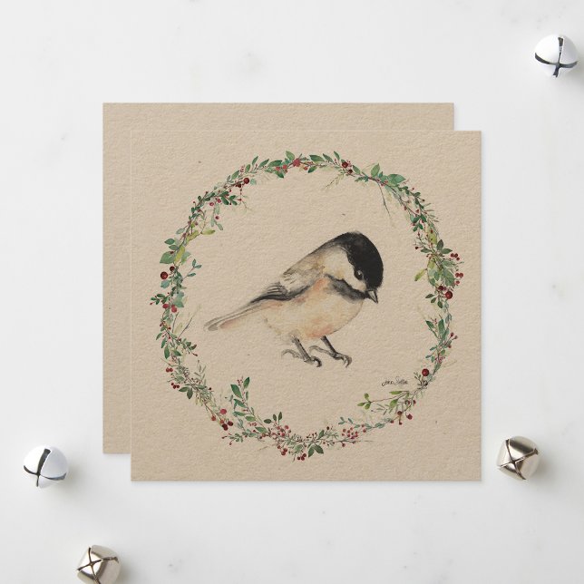 Helgdag Tiny Chickadee Watercolor Painting Julkort (Holiday Tiny Chickadee Watercolor Painting from Jenn's Emporium. )