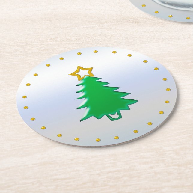 Helgdag Träd med Guld Star i Silver Underlägg Papper Rund (Vinklad)