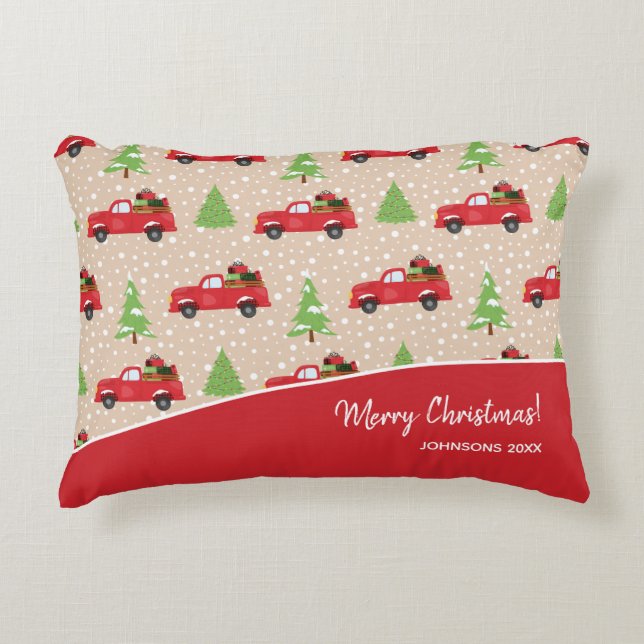 Helgdag Träd med Vintage Lastbil God jul Prydnadskudde (Framsidan)