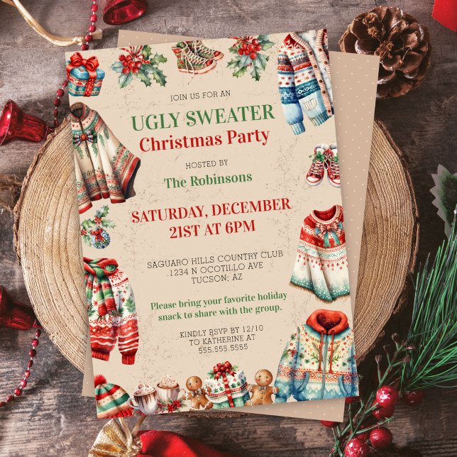Helgdag Ugly jul Sweater Gift Exchange Party Inbjudningar (festive ugly sweater party invitation for christmas holiday party with white elephant gift exchange)