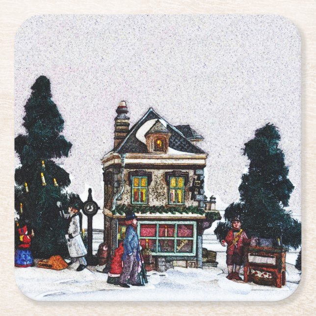 Helgdag Village Scene Underlägg Papper Kvadrat (Framsidan)