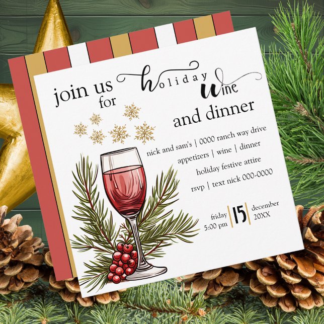 Helgdag Vin och mellersta Firande Party Inbjudningar (Holiday wine and dinner party invitation with snowflakes, wine glass and pine
)