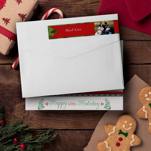 Helgdag Vinter-Gröntar Red Family Photo-jul Etikettband (Skapare uppladdad)