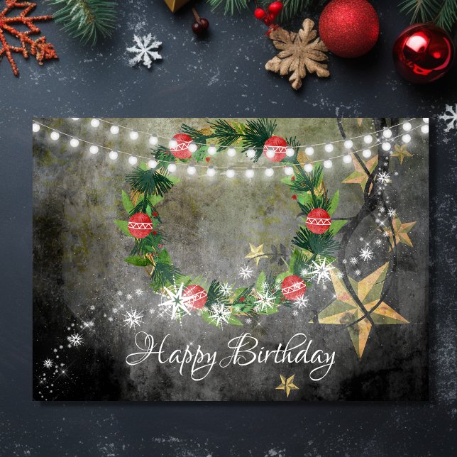 Helgdag Wand, Stars i Ljus med Snö födelsedag Kort (Front - Holiday Wreath, Stars n Lights with Snow Birthday Card)