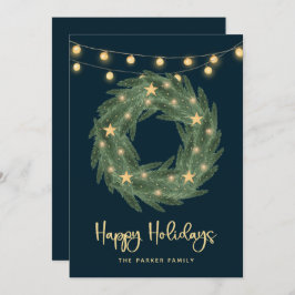 Helgdag Wandan med Guld String Ljus på Blue Julkort