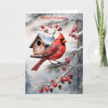 Helgdag Watercolor Cardinal och Birdhouse