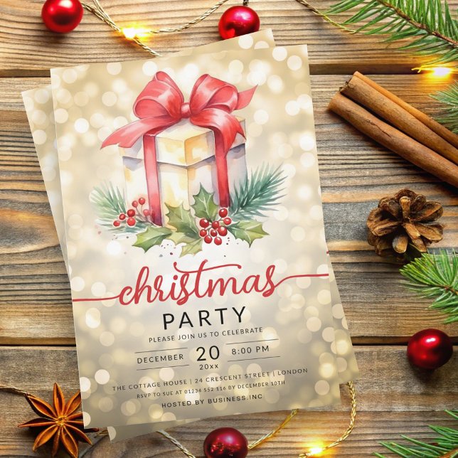 Helgdag Watercolor Company Bokeh Guld Inbjudningar (Christmas Holiday Watercolor Company Bokeh Gold Invitation)
