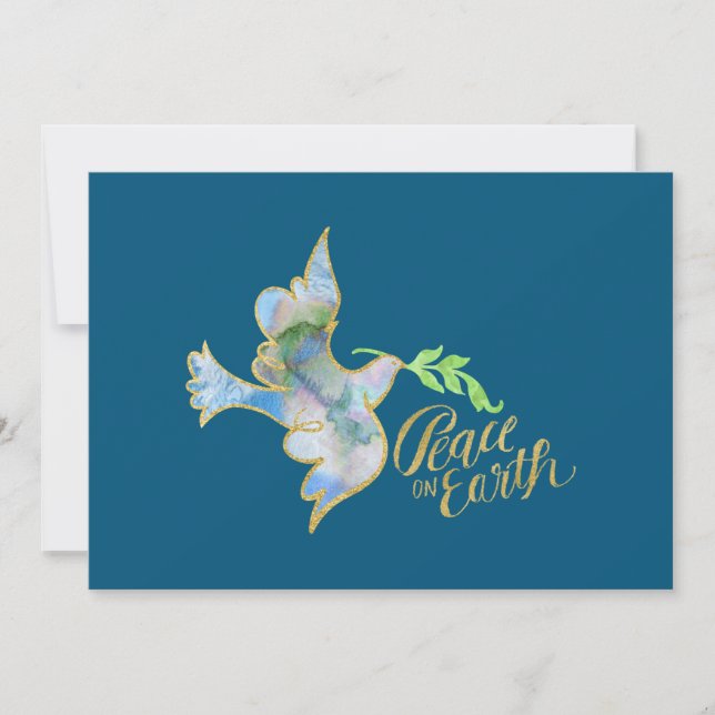 Helgdag Watercolor Dove Guld Peace on Earth Julkort (Framsida)