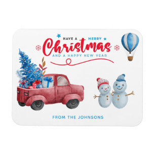 Helgdag Watercolor Red Lastbil julscen Magnet