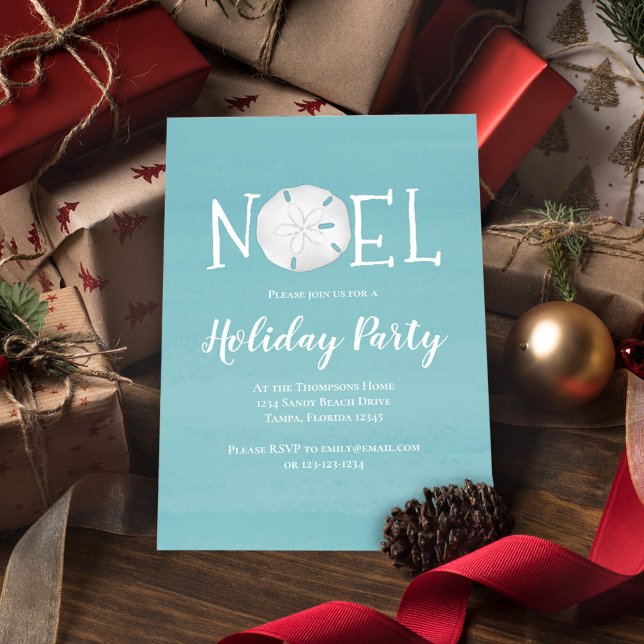 Helgdag Watercolor Turcos Beach Sand Dollar Inbjudningar (Holiday party invitation with a beach turquoise blue Noel design.)