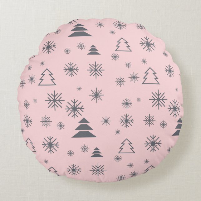 Helgdag White Snöflingor Julgranar Modern Rund Kudde (Framsidan)