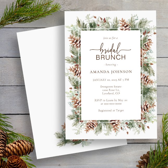 Helgdag Winter-Möhippa Inbjudningar (Watercolor Pinecone Greenery Holiday Winter Bridal Brunch Shower Invitation by Painted Paperie
)