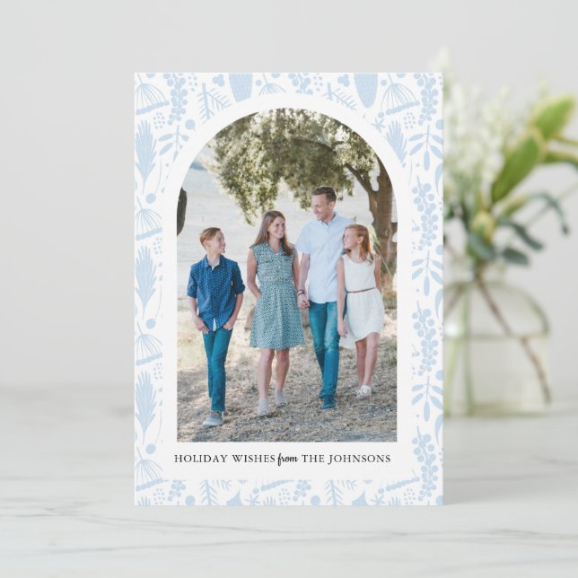 Helgdag Woodland Arch Personalize Photo Card Blue Julkort (Stående Fram)