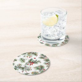 Helgdag Woodland Gräs och Red Berries design Underlägg Papper Rund