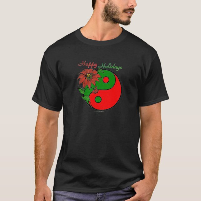 Helgdag Yin Yang Poinsettia Grönt Red T Shirt (Framsida)