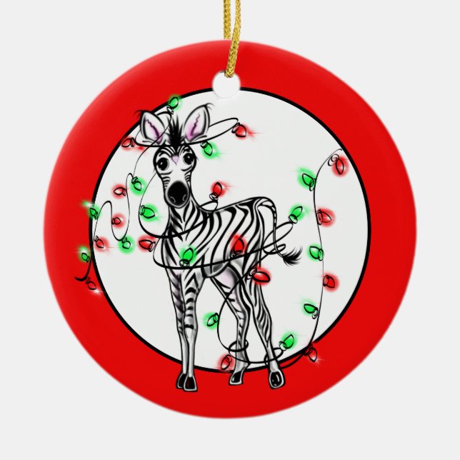 Helgdag Zebra, röd grönt twinkle ljus Julgransprydnad Keramik (Framsidan)