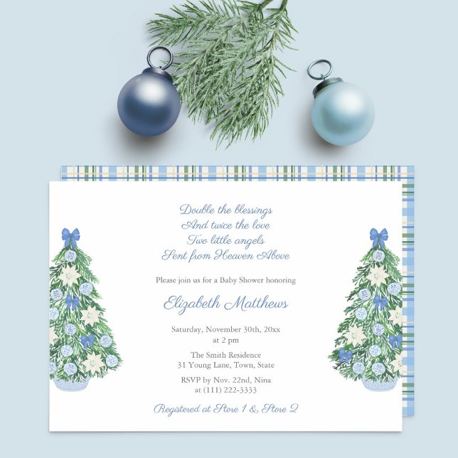 Helgdagar Chinoiserie Twin Boys Baby Shower Party Inbjudningar (Hand painted chinoiserie ornaments decorated this holidays tree invitate for a twin boys baby shower)
