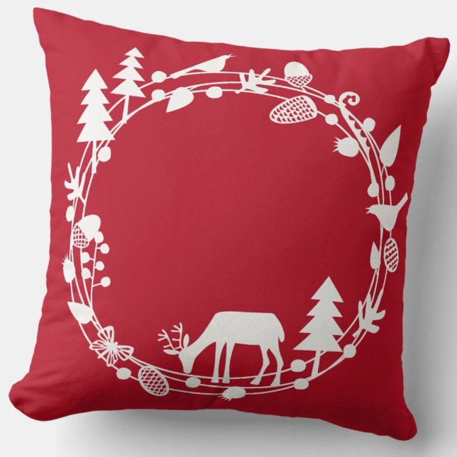 Helgdagar för hjort Forest Circle Winter Kudde (Red and white deer in woodland pillow)