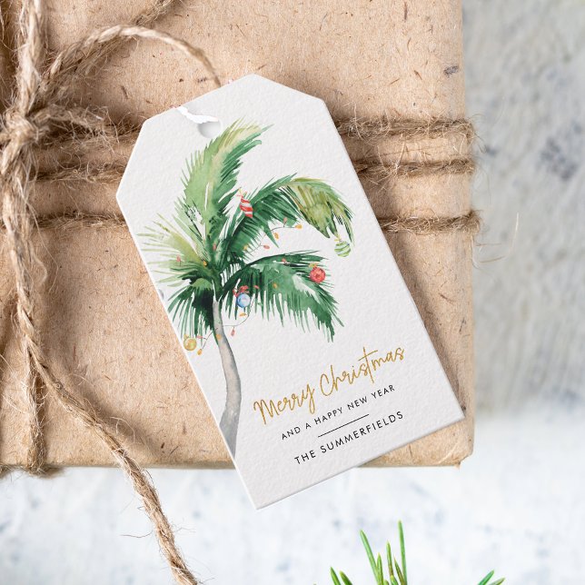 Helgdagar för julgranar i Handflatan Träd Presentetikett (Christmas Tropical Palm Tree Watercolor Gift Tag)