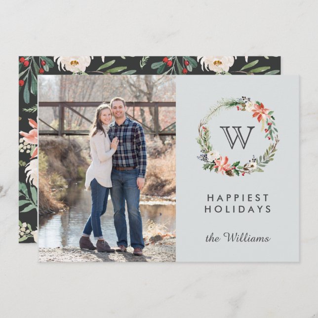 Helgdagar för julkrans Monogram Foton Inbjudningar (Fram/baksida)