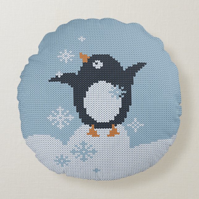 Helgdagar för Knkunniga Penguin Snöflingor Winter Rund Kudde (Framsidan)