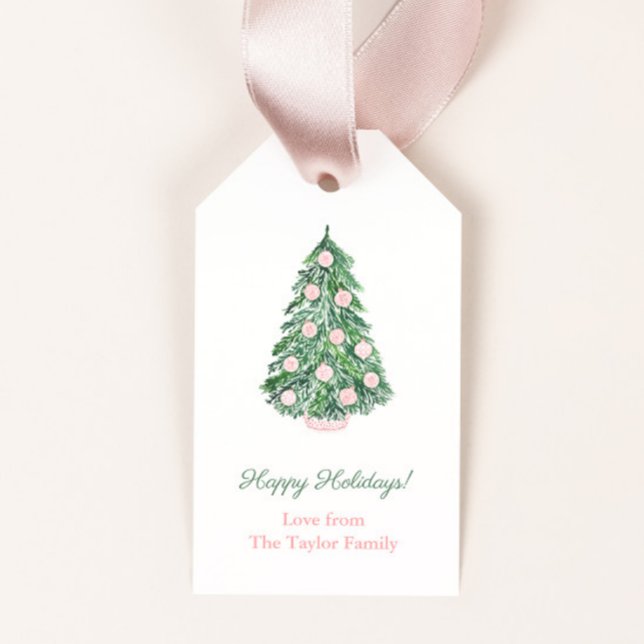 Helgdagar för Modern Classic Rosa Grönt God jul Presentetikett (Elegant pink and white chinoiserie decorated holidays tree merry christmas gift tags)