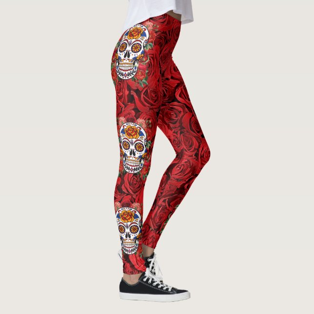 Helgdagar för Rosa Röd ros av sockerskull Leggings (Höger)