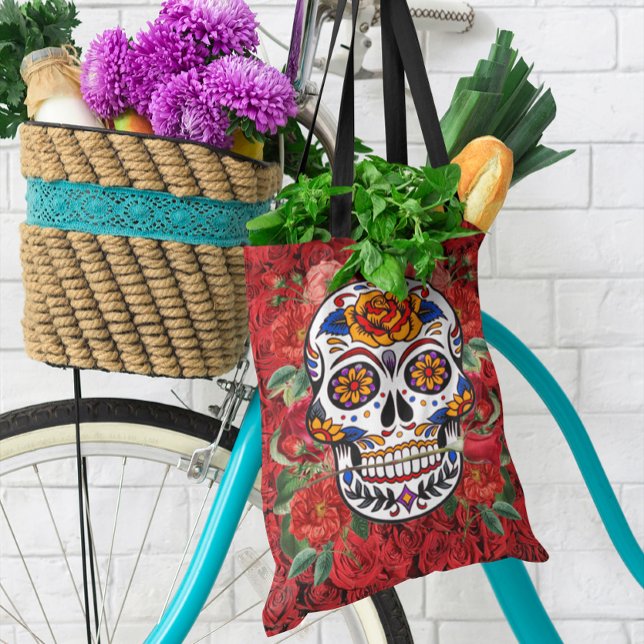 Helgdagar för Rosa Röd ros av sockerskull vid utsk Tygkasse (Sugar Skull Pink Red Roses Holidays All Over Print Tote Bag)