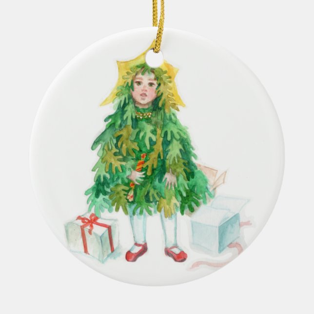 helgdagar, söt liten flicka i Julgran vintertid Julgransprydnad Keramik (Framsidan)