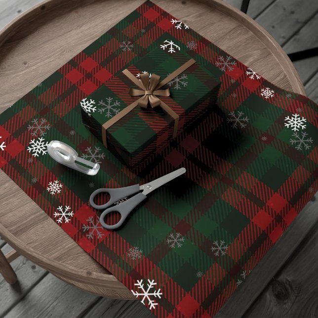 Helgdagar vid Mönster-jul Presentpapper (Snowflakes Plaid Red Green Checkered Christmas Holiday Wrapping Paper)