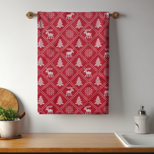 Helgdagarna Jul Sticka Moose Träd Red Winter Kökshandduk (Skapare uppladdad)