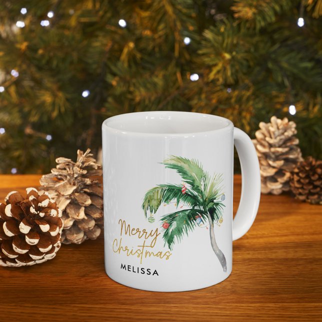 Helgdagarna personlig Handflatan Träd vid God jul Kaffemugg (Christmas Holidays Coastal Palm Tree Personalized White 11oz Coffee Mug)
