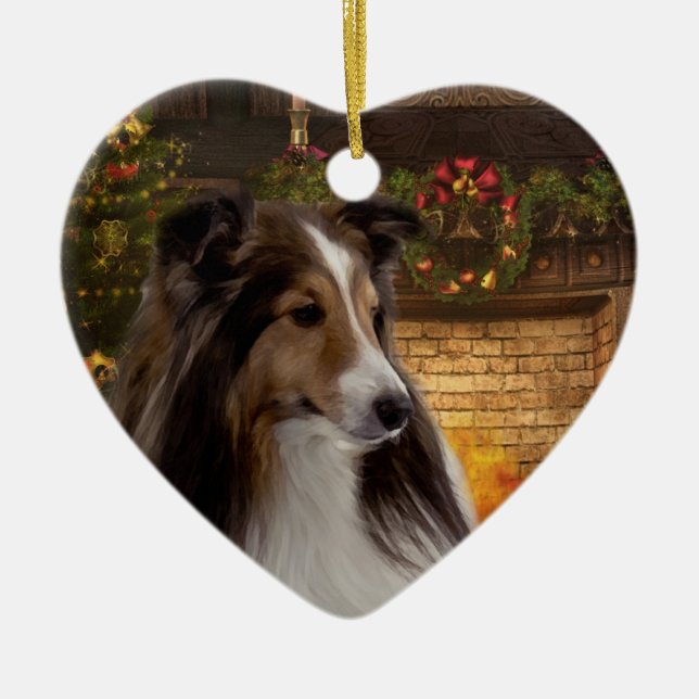 Helgdaghjärta Sheltie Julgransprydnad Keramik (Framsidan)