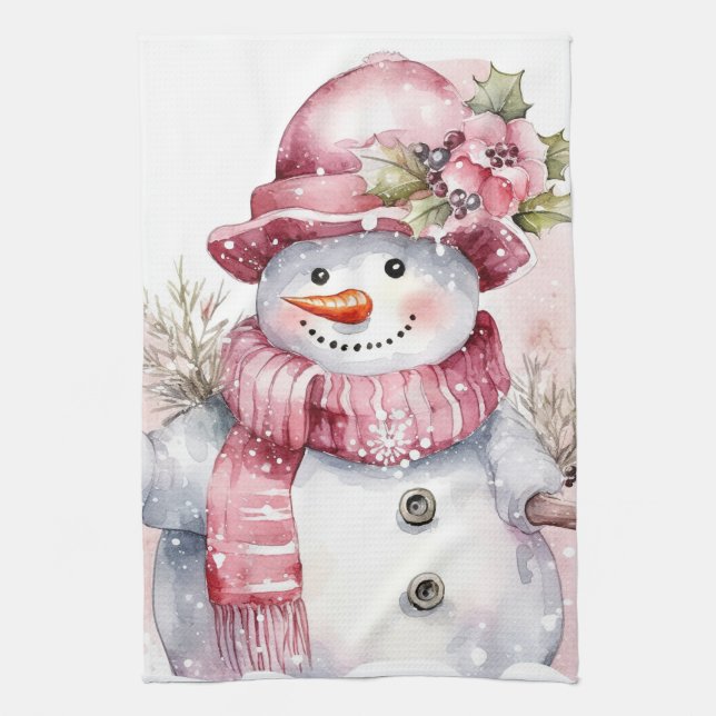 Helgdagshjul rosa snögubbe kökshandduk (Vertikal)