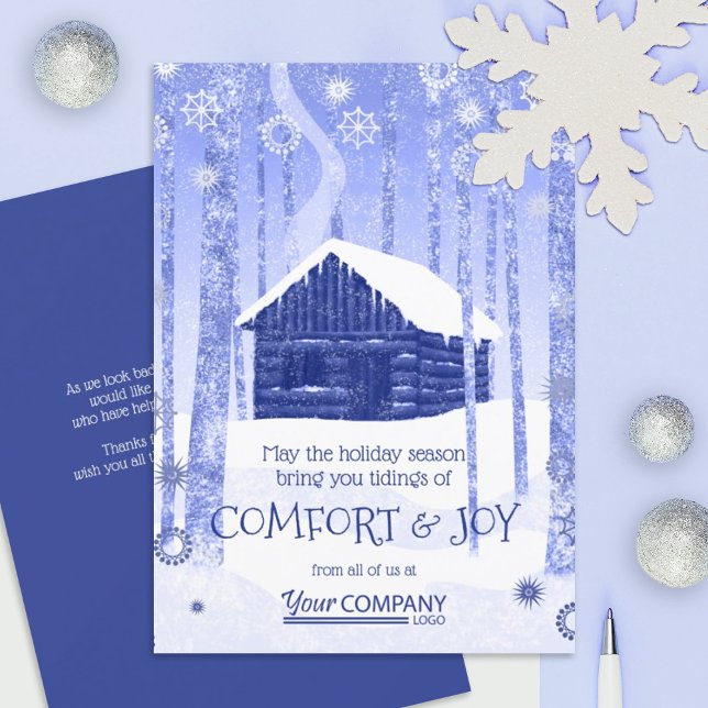 Helgdagskort för Blue Log Cabin Business Kort (blue company Christmas greeting cards for clients & employees, blue business logo holiday cards)