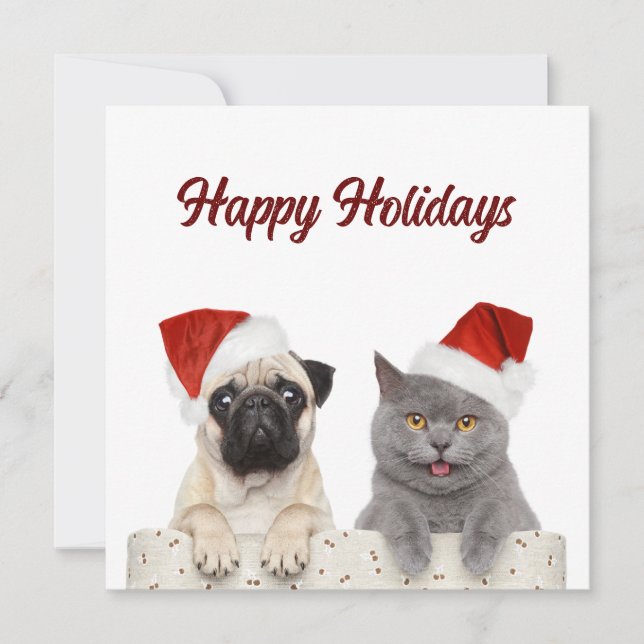 Helgdagskorten Katt och Hund Lycklig Julkort (Framsida)