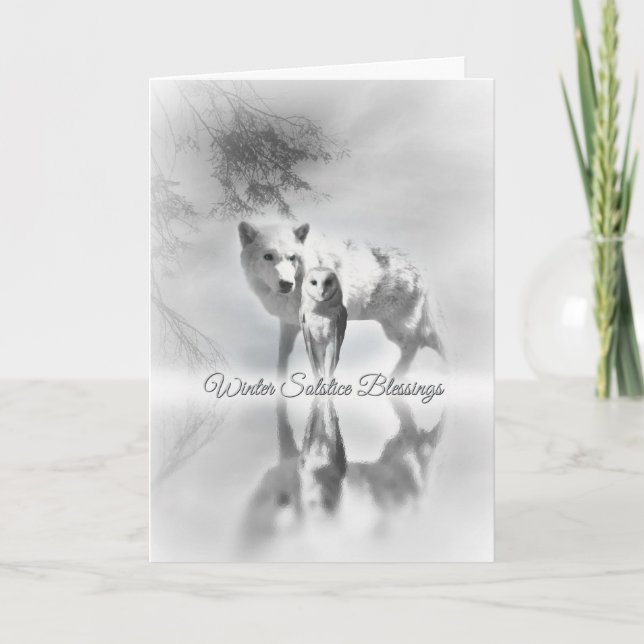Helgdagskorten varg och Uggla Winter Solstice Kort (Framsida)