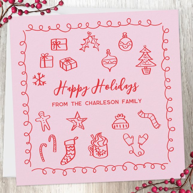 Helgdagsskräpduk ritning Röd och Rosa Kort (Fun scribble doodle personalized Christmas holiday card)