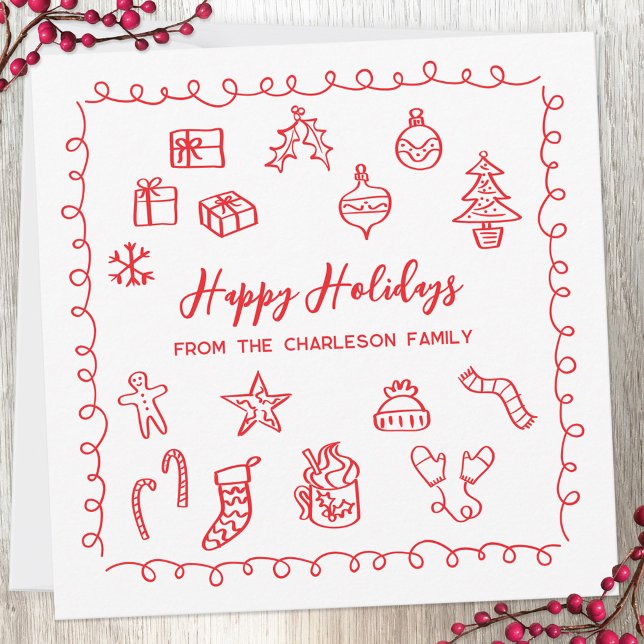 Helgdagsskräpkritzel Röd och Vit Kort (Fun scribble doodle personalized Christmas holiday card)