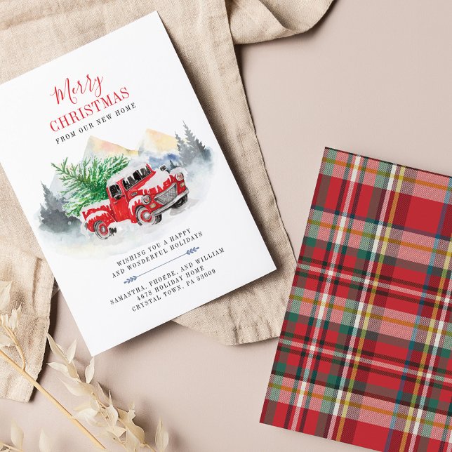 Helgflytt Byte av adress Jul (Plaid Red Truck Christmas Holiday Moving Announcement)