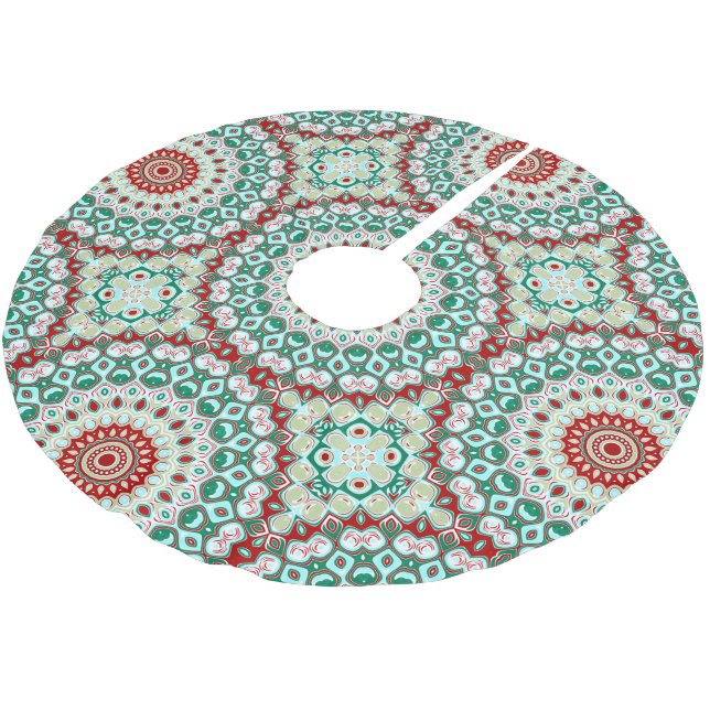 Helgmandala i rött, grönt och vintervitt julgransmatta borstad polyester (Vinklad)