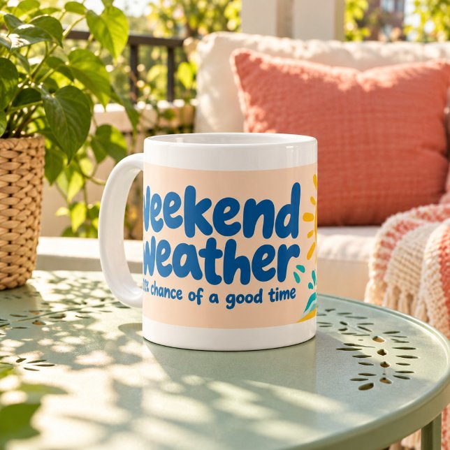 Helgväder Glad Typografi Mugg (Classic white 11 oz ceramic mug with white interior and handle. Styled scene; props not included.)