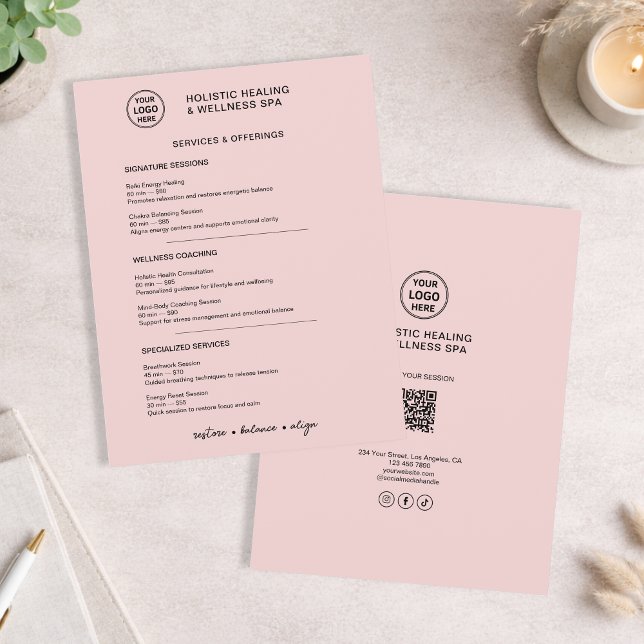 Helhetstjänster för välbefinnande Rosa minimalisti Reklamblad (Holistic Wellness Services Pink Minimalist Menu Flyer)