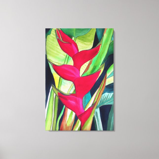 Heliconia Lobster Klo tropiska vattenfärgsblommor Canvastryck (Framsida)